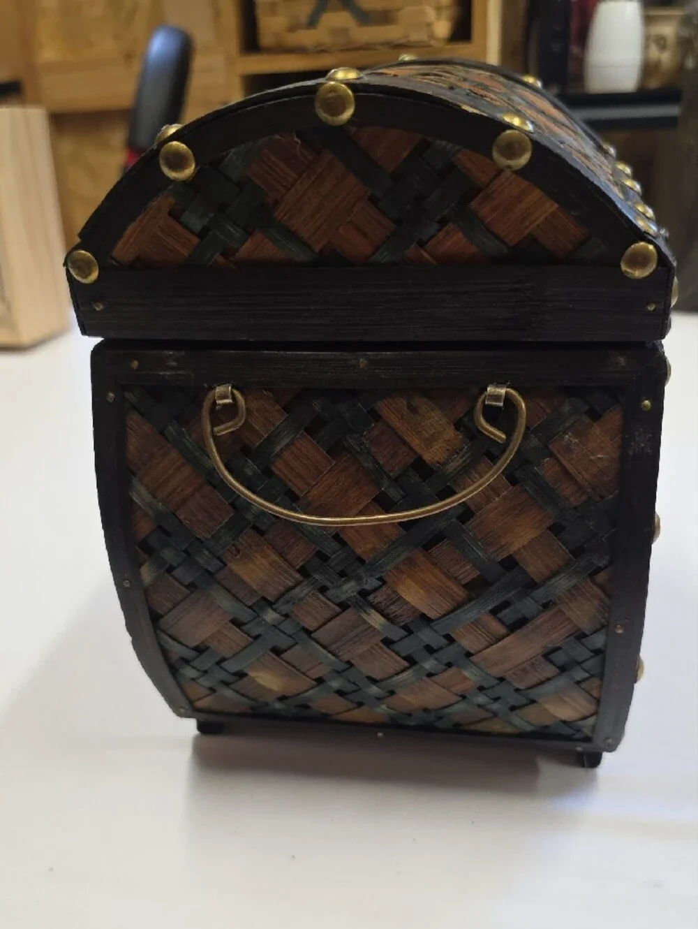 Vintage Woven Wicker, Brass,  and Wood Hinged chest